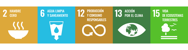 ODS 2. Hambre cero / ODS 6. Agua limpia y saneamiento / ODS 12. Produccción y consumo responsables / ODS 13. Acción por el clima / ODS 15. Vida de ecosistemas terrestres